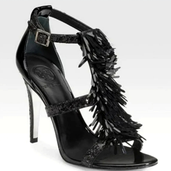 Tory Burch Black Fringe Strappy Heels Size 6.5 - Picture 1 of 6